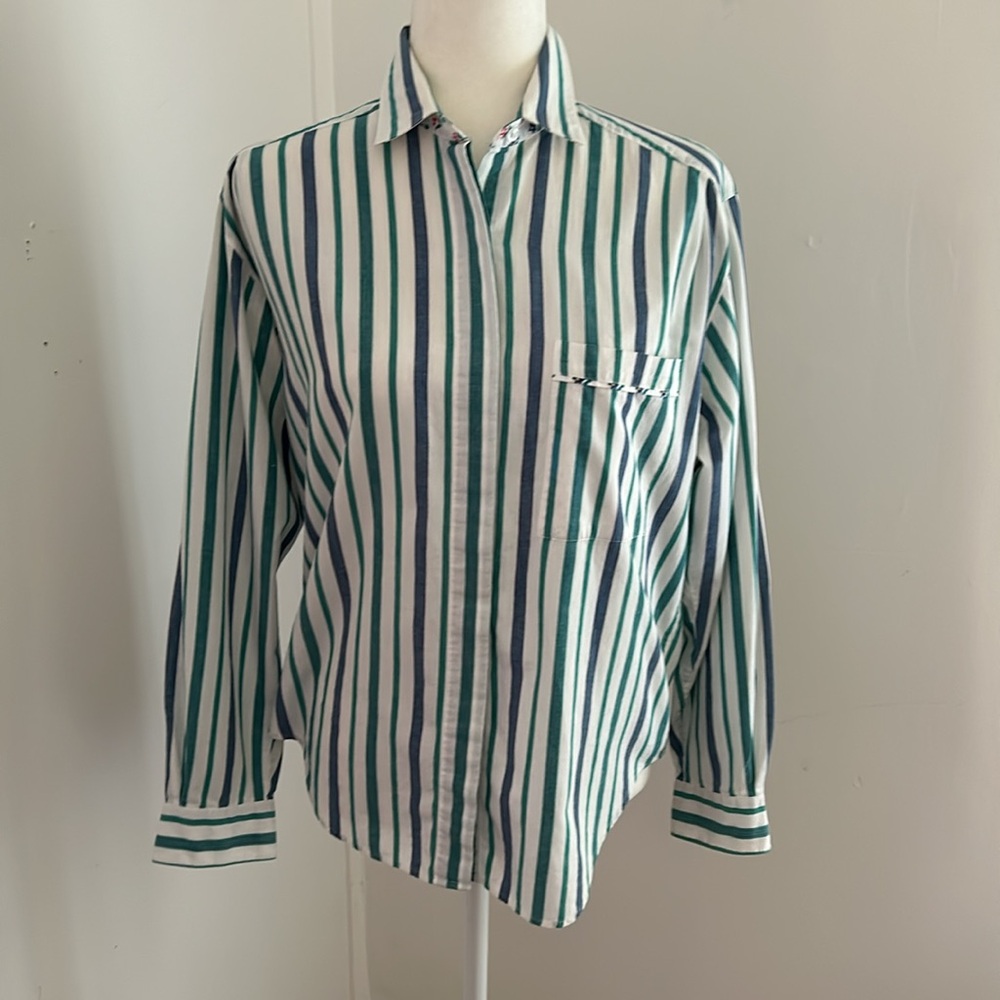 Talbots Blue/White/Green Striped Cotton Button Down sz M